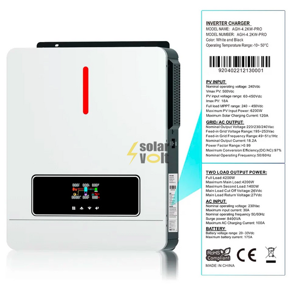 Гібридний інвертор Daxtromn AGH-4.2KW, 24 В, 120 А, 4200 Вт (безперебійник, UPS, ДБЖ) AGH-4.2KW фото